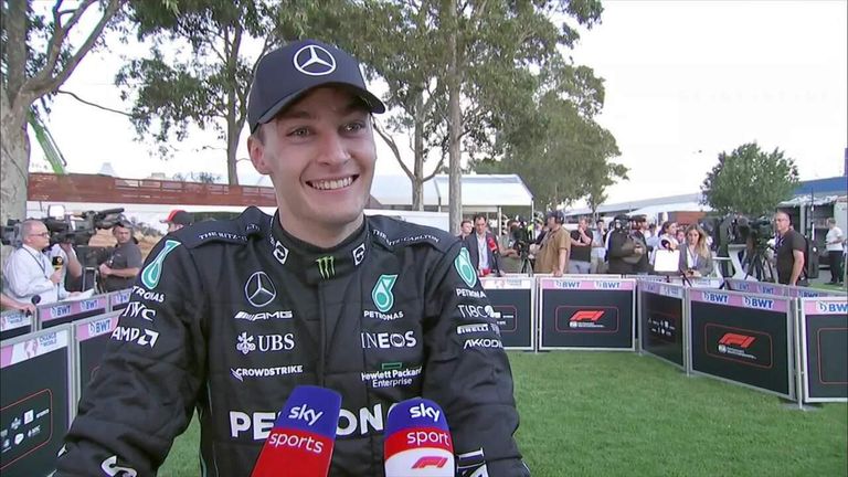 George Russell reacts to his first-ever podium for Mercedes.