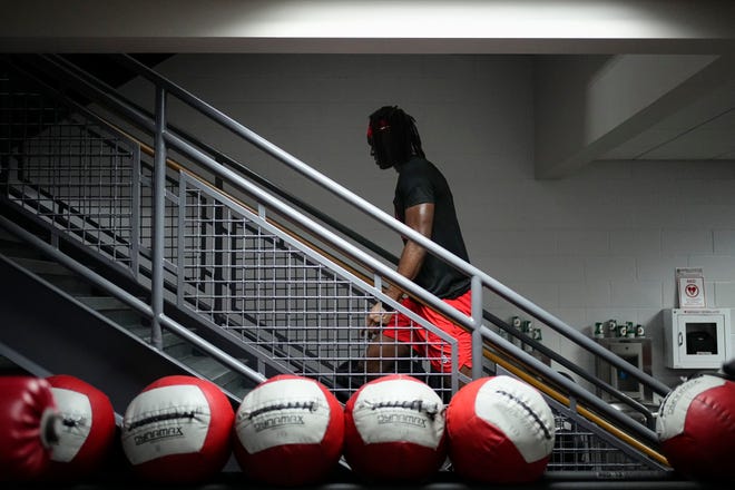 Jul 21, 2023; Columbus, Ohio, USA;  Ohio State Buckeyes wide receiver Marvin Harrison Jr. walks through the Woody Hayes Athletic Center during a summer workout prior to the start of fall camp.