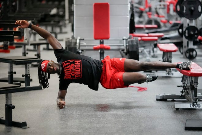 Jul 21, 2023; Columbus, Ohio, USA;  Ohio State Buckeyes wide receiver Marvin Harrison Jr. works out at the Woody Hayes Athletic Center prior to the start of fall camp.