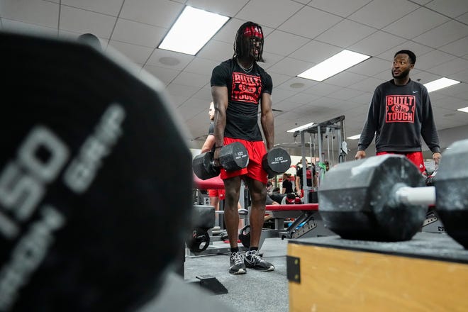 Jul 21, 2023; Columbus, Ohio, USA;  Ohio State Buckeyes wide receiver Marvin Harrison Jr. works out with Xavier Johnson at the Woody Hayes Athletic Center prior to the start of fall camp.