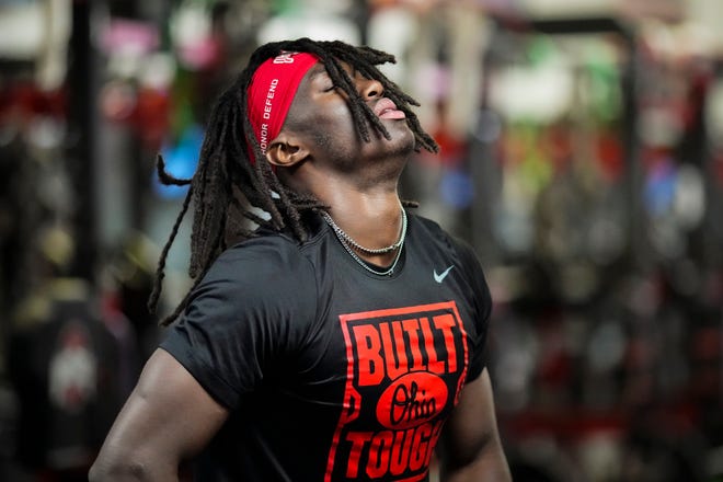 Jul 21, 2023; Columbus, Ohio, USA;  Ohio State Buckeyes wide receiver Marvin Harrison Jr. shows exhaustion during a summer workout at the Woody Hayes Athletic Center prior to the start of fall camp.
