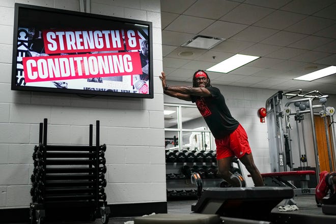 Jul 21, 2023; Columbus, Ohio, USA;  Ohio State Buckeyes wide receiver Marvin Harrison Jr. works out at the Woody Hayes Athletic Center prior to the start of fall camp.