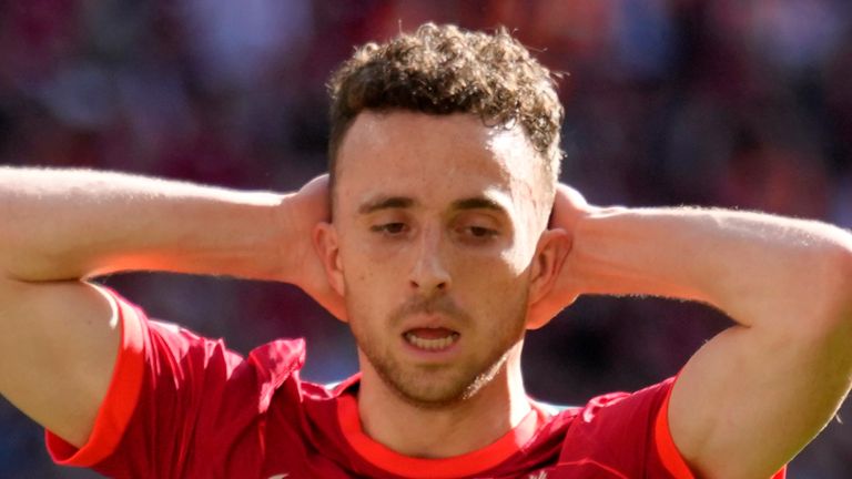 Liverpool&#39;s Diogo Jota reacts after missing a chance to score during the English FA Cup final soccer match between Chelsea and Liverpool, at Wembley stadium, in London, Saturday, May 14, 2022. (AP Photo/Kirsty Wigglesworth)