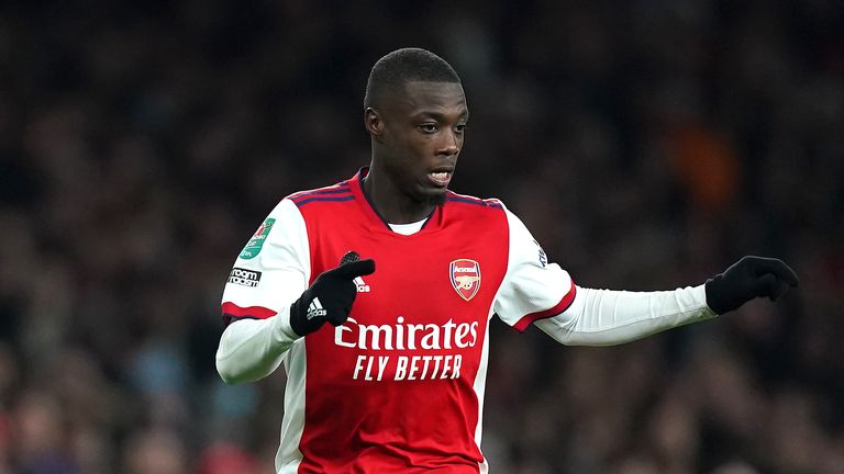 Arsenal&#39;s Nicolas Pepe in action during the Carabao Cup quarter final match at the Emirates Stadium, London. Picture date: Tuesday December 21, 2021.